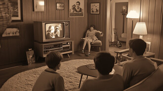 A family gathered around an old TV, capturing the nostalgic spirit of the 1990s