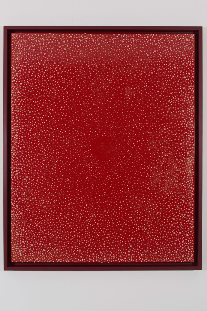 Kirstie Macleod, Mu, 2015, Red gloss and gold acrylic paint on stretched canvas with drilled holes, Image: 122.5 x 152 cm, Framed: 132 x 162 cm