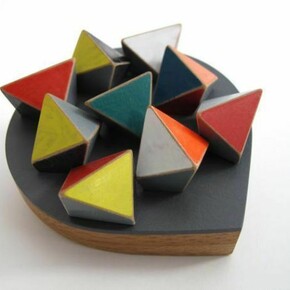 Katy Hackney, Drop shaped brooch with geometric shapes, 2013, Bamboo, colorcore, boxwood, silver, paint, W:6cm H:7cm D:1.5cm