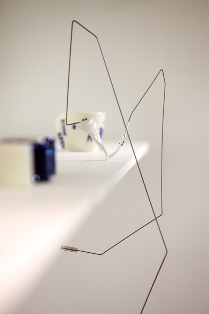 Installation view of Many a Slip, invited artists juggle with the domestic symbol of 'the cup' (2015) at Marsden Woo Gallery, focus on Tom Foulsham 'Slipping' image © Philip Sayer, courtesy of Marsden Woo Gallery, London