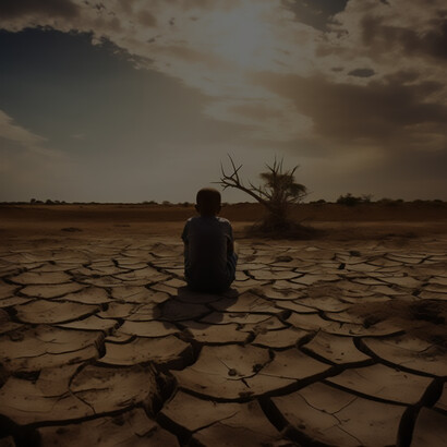 Child sitting in landscape of extreme drought