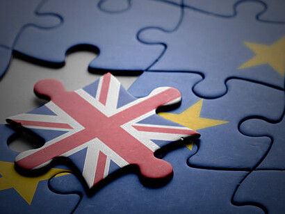 Puzzle pieces representing the United Kingdom's exit from the European Union, with UK and EU flags, symbolizing the complexities and divisions of Brexit
