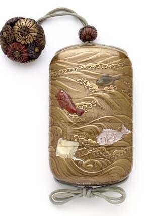 Inro with fish and sea creature, Kakosai, 19th century, Japan. Museum nos. W.158:1-1922 to W.158:1-1922. © Victoria and Albert Museum, London