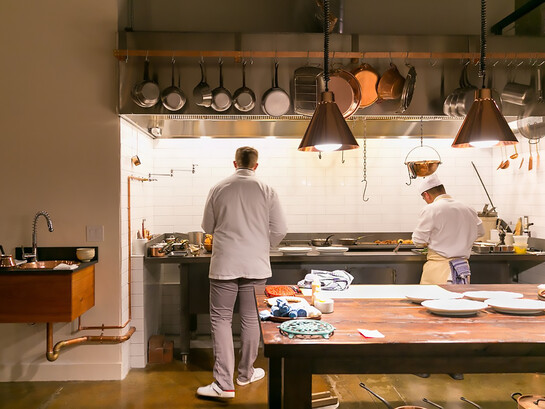 Inside the chef’s counter kitchen at Saison in San Francisco, California, photographed on March 6, 2015