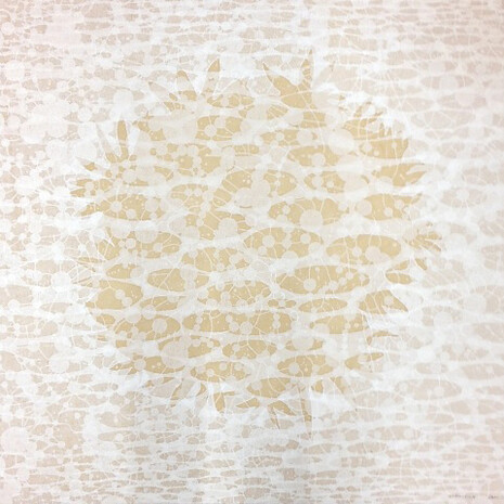 Eve Stockton, Zum/Bloom – Field, 1/5, 2014, woodcut print on tea-stained paper, 36 x 36 inches, 41 x 41 inches, (framed)  