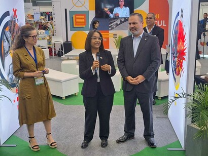 Ministra de cultura, inaguración del stand panameño, Expocomer,  Amador, Ciudad de Panamá, Panamá, 2024