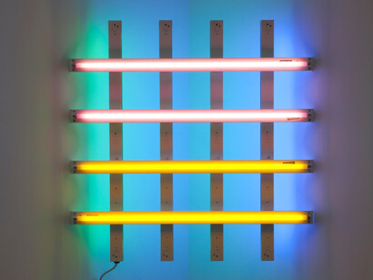 Dan Flavin, untitled (in Honor of Harold Joachim) 2, detail, 1977, Tubes fluorescents : rose, jaune, bleu et vert, 122 x 122 cm, Photo. Fabrice Seixas © Dan Flavin/ ADAGP, Paris 2015, Collection FRAC Nord-Pas-De-Calais, Dunkerque, France, Courtesy the artist
