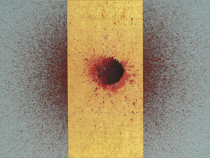Imran Qureshi, This Leprous Brightness, 2015, Emulsion, acrylic paint and gold leaf on canvas, 137,2 x 198,1 cm (54 x 78 in), Courtesy Galerie Thaddaeus Ropac Paris/Salzburg. Photo: Usman Javed