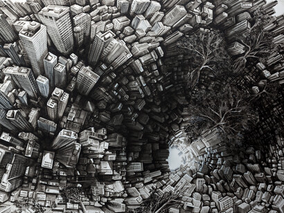 Fabio Giampietro, HPS The Downward 2017, sottrazione di colore ad olio su tela, cm. 300x200.