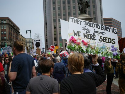 Protesters in Monument Square in Portland, Maine, on April 19, 2025, for the Day of Action organized by the 50501 movement