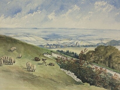 Louisa Catherine Paris (1811 – 1875), The old town of Eastbourne in the valley taken from the top of the
Downs, F,R,E and myself spent the day on the Downs. 4th September. 1852. Taken from the Links Down. (1852), Acquired 1960, Dimensions 29.5 x 37.8 cm, © Towner, Eastbourne  