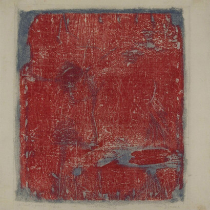 Sari Dienes, Woodblock VI (Artists’ proof Yaddo), 1953. Ink on rice paper, 19 x 18 inches. Sari Dienes, Untitled,
c. 1953–1955, Ink on webril, 72 x 36 in., Private Collection of Pamela Jarvis, NY. © Sari Dienes Foundation/ Licensed by VAGA, New York, NY.