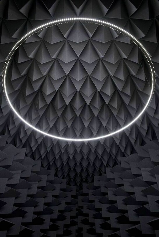 Haroon Mirza, The National Apavilion of Then and Now, 2011, Installation view, ILLUMinations, Venice Biennale, Venice, 2011, Equilateral triangular anechoic chamber, LEDs, amplifier, speakers, electronic circuit, 8.09 x 8.09 x 8.09 x 3.34 m, Courtesy of the artist and Lisson Gallery. Photo Omar Mirza