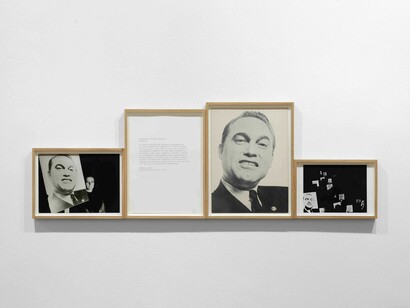 Franco Vaccari, Esposizione in tempo reale N.1, Maschere (Exhibition in real time N. 1, Masks), 1969, typewritten text, 2 vintage photographs, mask, 35 x 103 cm overall, Courtesy the artist and P420, Bologna