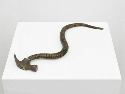 Damián Ortega, Tired Pickaxe: metaphor of the natural,1997, Wood, metal and leather, 40.6 x 50.8 cm, © Damián Ortega, Photo: Ben Westoby, Courtesy White Cube