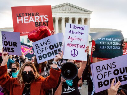 Anti-abortion demonstrators outside the U.S. Supreme Court on Nov. 01, 2021 in Washington, DC
