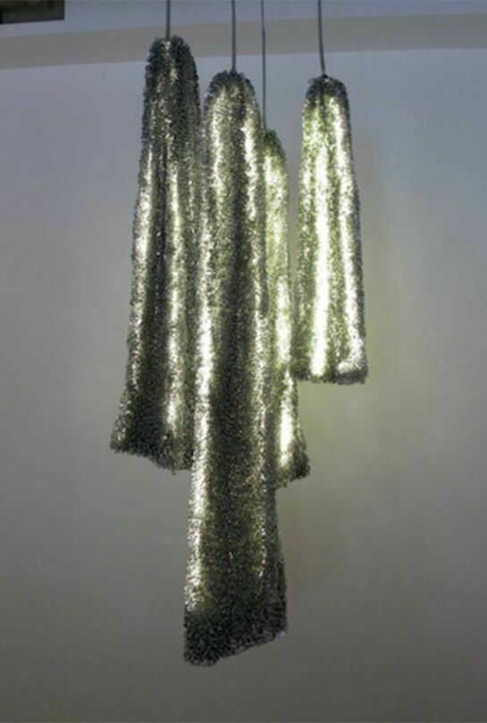 Alice Hope, Untitled, 2014, LED lights, turtle net and aluminum tabs, 39 x 10 x 3 in; 99 x 25.4 x 7.6 cm (sizes vary)