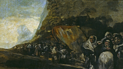 Francisco Goya  (1746–1828), "Peregrinación a la fuente de San Isidro", Óleo sobre muro trasladado a lienzo, 1819-1823, Museo del Prdo, Madrid, España. El cardenal de Utrech contempló por largo rato la obra, una imagen congelada, de personas con rostros deformados por la supersticiones e ignorancia. Meditó todos los parecidos que seguía teniendo con la actualidad, pese a los siglos transcurridos