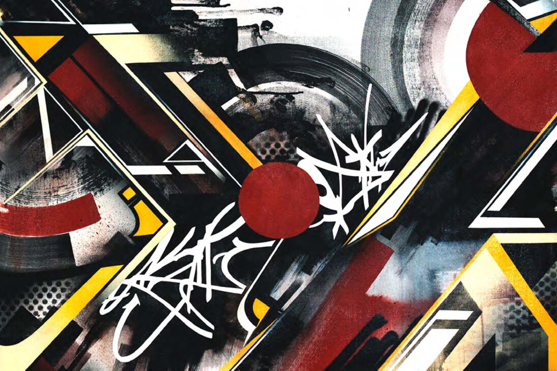 Ian Kuali’I, Phonetic Assassin - tribute to Rammellzee - mixed media on canvas, 100 x 100 cm