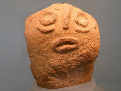 Museum Lepenski Vir — Sculpture “The Family” (also known as The Founder), carved from quartz sandstone, dated to 6300–5900 BCE, Serbia