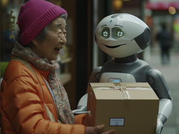 An adult interacting with a futuristic delivery robot