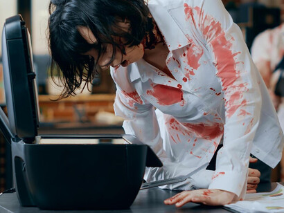 A zombie-like employee struggles to use a modern laptop in an office workspace, highlighting the effects of employee burnout, workplace stress, mental health challenges, and poor communication