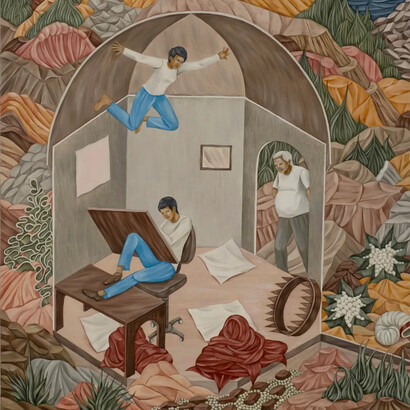 Shrimanti Saha, Father peeping into the studio, 2025. Courtesy of Vadehra Art Gallery