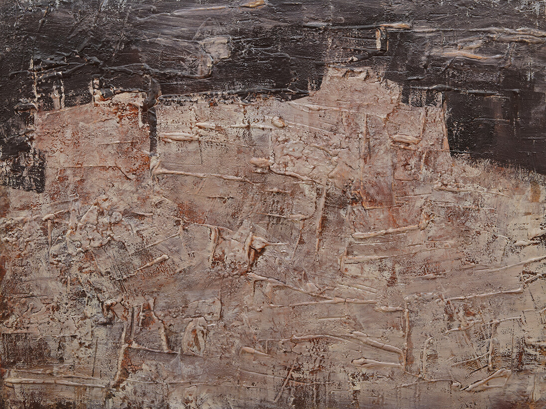 Jean Dubuffet, Paysage aux châteaux de rochers, 1952, Oil on masonite, 36 3/16 x 48 inches (92 x 122 cm). Courtesy Acquavella Galleries © 2014 Artists Rights Society (ARS), New York / ADAGP, Paris