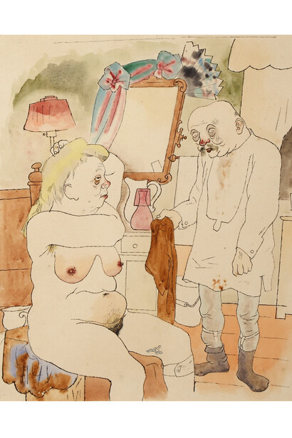 George Grosz, Pappi und Mammi, ca. 1921-1922, Watercolor, pen & ink on paper, 18 3/4 x 16 inches (47.6 x 40.6 cm), Signed on recto. Photo credit: Joelle Jensen. Ubu Gallery, New York