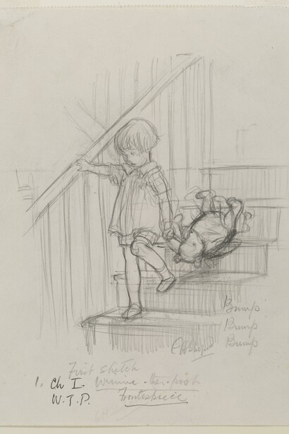 'Bump, bump, bump', pencil drawing by E. H. Shepard, from Winnie-the-Pooh, chapter 1, 1926. © The Shepard Trust, reproduced with permission from Curtis Brown