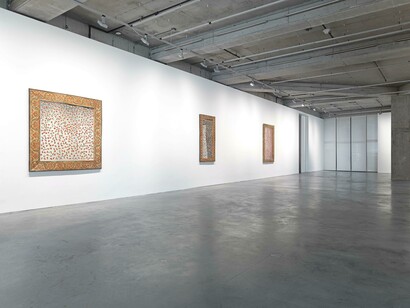 Five icons framed in edirne-style wooden ornamentation, exhibition view. Courtesy of Dirimart