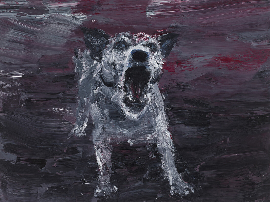 Yan Pei-Ming, Chien de nuit, 2015, Oil on canvas, 73 x 92 cm (28,74 x 36,22 in), Courtesy Yan Pei-Ming / Galerie Thaddaeus Ropac Paris/Salzburg, Photo: André Morin © Bildrecht, Wien, 2015