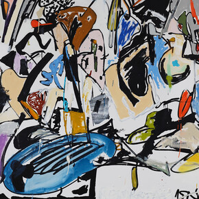 Eddie Martinez, Restartation 
2015 
Oil, enamel, silkscreen ink and spray paint on canvas 
72 by 108 in. 182.9 by 274.3 cm. 
Courtesy of the artist and Mitchell-Innes & Nash, NY 
