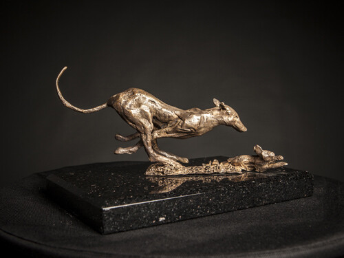 Mim Scala, Coursing Hound, 2014, Bronze on black Kilkenny marble base, 6 ½ x 10 x 7 in / 16 x 26 x 17 cm, Edition of 10, courtesy of Eleven, London