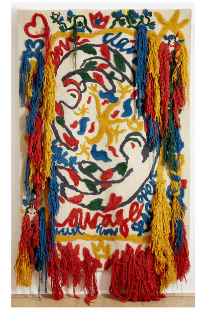 Mika Utzon Popov, Courage, 2023, Tibetan wool tapestry, 240x150 cm. Courtesy the artist and Olsen Gallery, Sydney