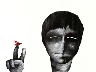 Nihad Al Turk, Hamza el Khatib, 2015, Ink on paper, 110 x 144 cm