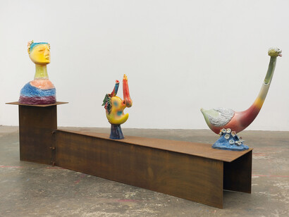 Alessandro Pessoli, The Last Cesar, 2012, Painted majolica and steel, 41 1/2 x 91 x 18 inches (105.4 x 231.1 x 45.7 cm). Courtesy Anton Kern Gallery, New York