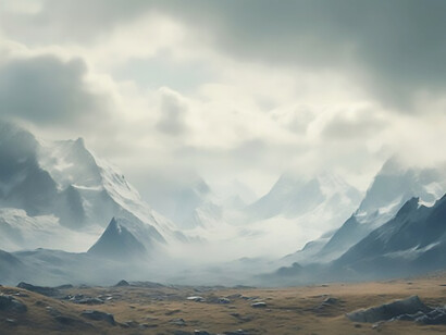 Snowy mountainous nature landscape and clouds