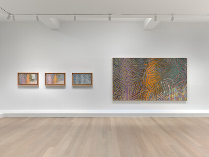 Jasper Johns, Between the clock and the bed, exhibition view. Courtesy of Gagosian