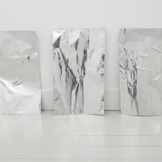Vanessa Safavi, Bending pushing pulling lifting twisting (1,2,3), 2015, 3 aluminium sheets, plaster, 133 x 58 cm