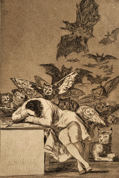 Francisco Goya, *El sueño de la razón produce monstruos*. Grabado n. 43 de *Los Caprichos*, 1799