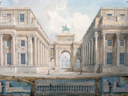 Joseph Michael Gandy, Perspective of Arch between two buildings adjoining Downing Street 1827, Pencil, pen and ink and watercolour, 720 x 1300mm
