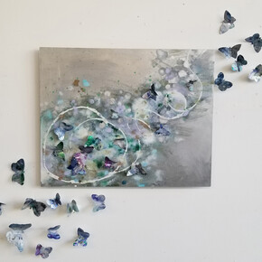 Cara Enteles, Where's You Go Karner Blue 3, oil on aluminum and recycled aluminum cans, 30 x 35, 2019. Courtesy of Elisa Contemporary Art