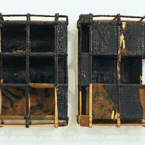 Sopheap Pich, Double Relief (black). Bamboo, rattan, wire, bees wax, damar resin, charcoal. Each 8.5 x 40.5 x 11cm, 2015. Courtesy of the artist and Tyler Rollins Fine Art