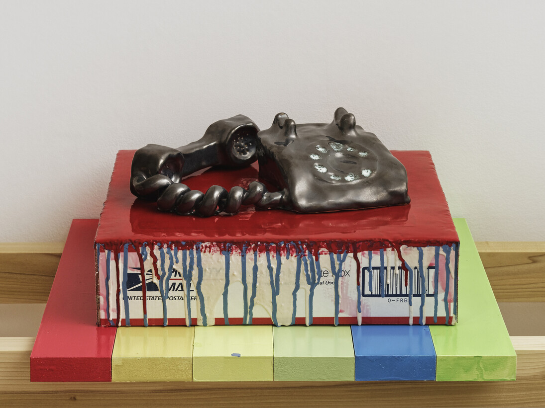 Pam Lins, 2015, MDF shelves with GTO colors, USPS, Flat Rate box, aqua resin, acrylic paint, and ceramic model