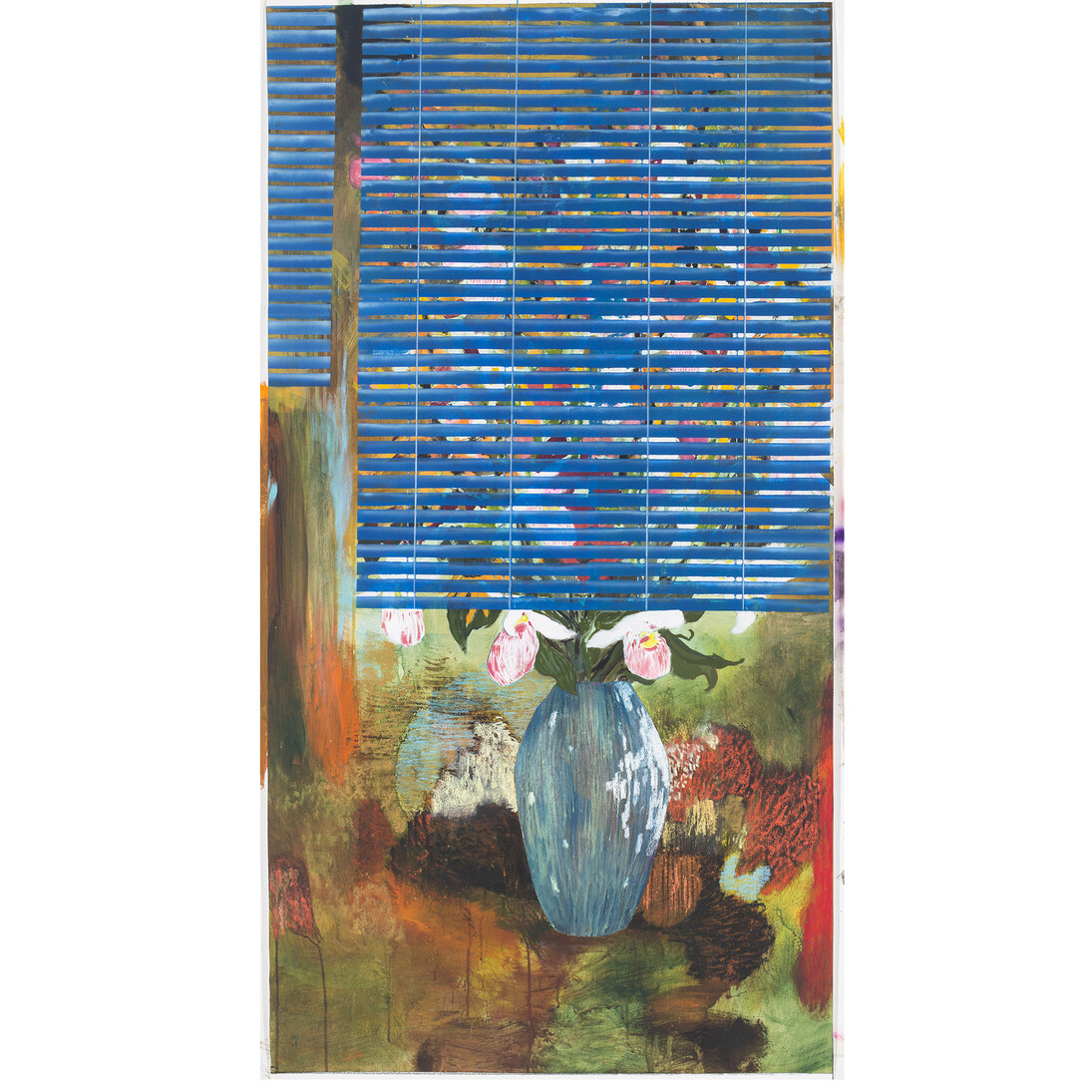 Hernan Bas, “Private Bouquet (Lady Slippers)”, 2015, Acrylic, silkscreen, airbrush, colored pencil chalk and oil pastels on paper, 144,1 x 76,2 cm / 56 3/4 x 30 inches, Photo: R. H. Hensleigh, Courtesy Galerie Perrotin