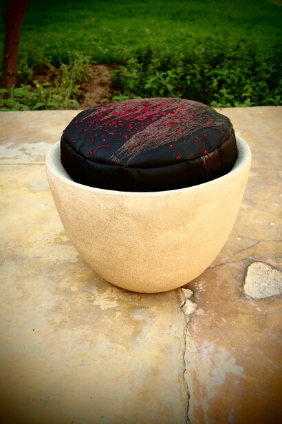 Sara Ouhaddou, Stool created with recycled rubberized cloth and silk embroidery