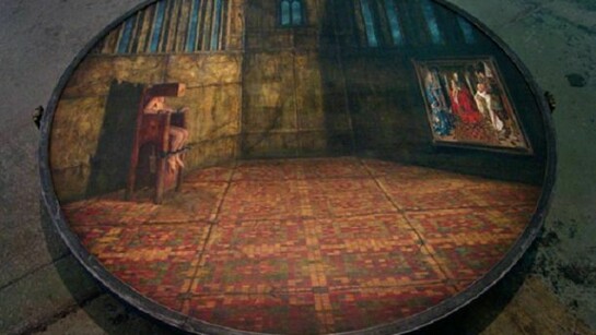 Eyeck, 2008-2013. Oil on canvas, wood, iron, brass, 57 x 57 x 7 in. (With Shahryan Hatami)