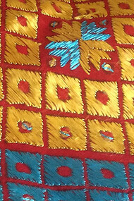 Contemporary Phulkari design and embroidery at retail dealer's store in Patiala, Punjab (India), 2015