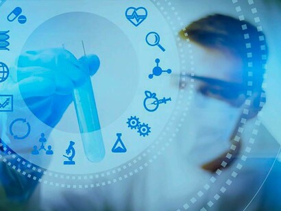 A scientist has a test tube in hand and is analyzing it with the help of AI